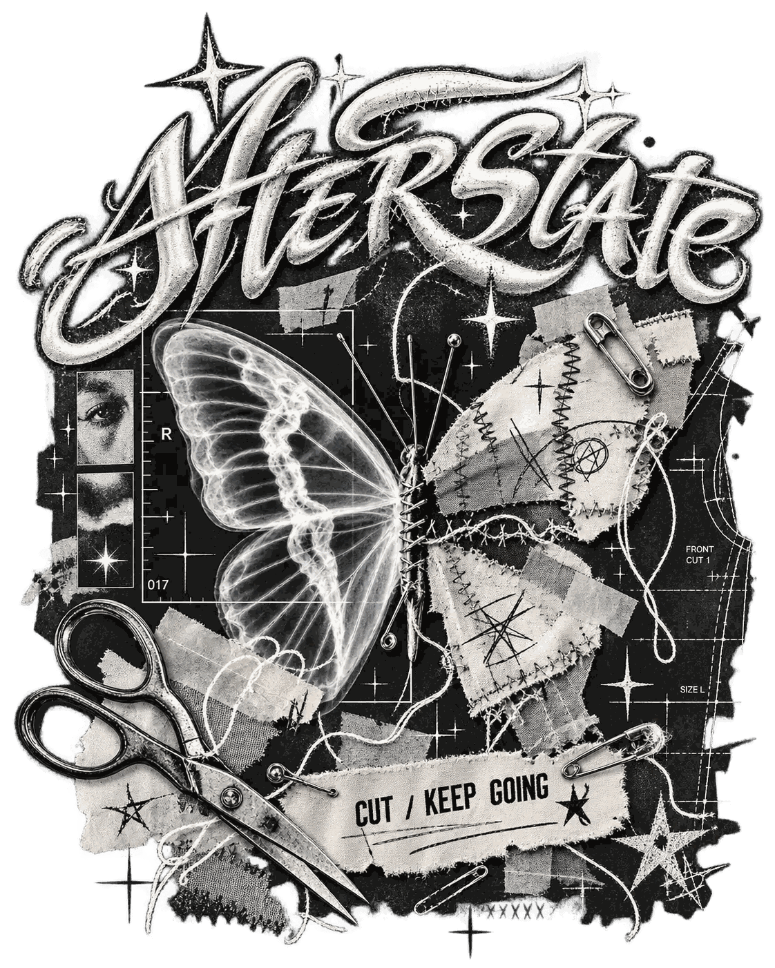 Afterstate VI artwork — a half-drawn, half-stitched butterfly over a cutting pattern, with scissors, pins and a torn label reading Cut / Keep Going