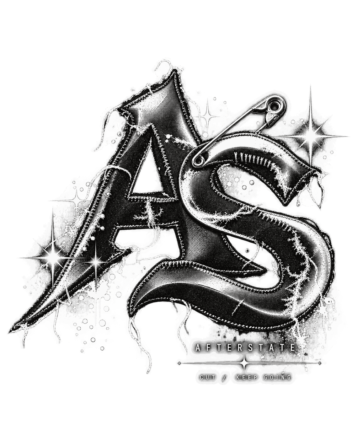 The Afterstate AS monogram, stitched and pinned, with Cut / Keep Going beneath